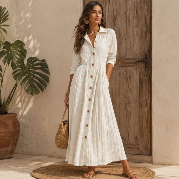 Women's Boho Crinkle Button-Front Maxi Dress, Long Sleeve Collared Dress, Flowy A-Line Beach Vacation Dress with Pockets