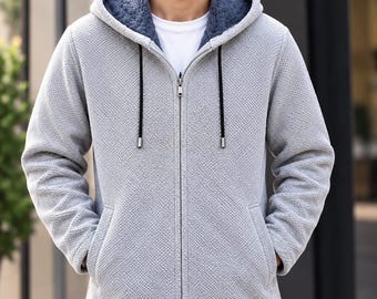 Veste polaire longue à capuche pour homme, cardigan zippé doublé en peluche, vêtement d'extérieur automne-hiver