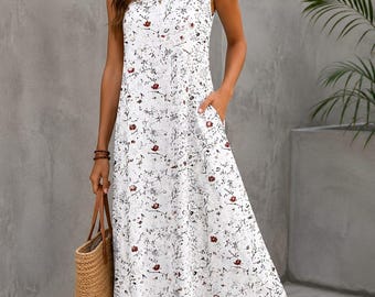 Robe longue d'été décontractée sans manches à fleurs avec poches, coupe trapèze ample