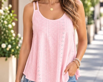 Débardeur à œillets pour femme, camisole ajourée sans manches, haut bohème d'été, tunique ample et décontractée, chemise de plage, haut grande taille