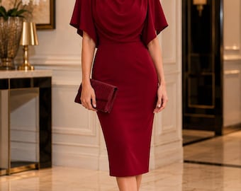 Elegante abito midi da donna con scollo a cascata, abito da cocktail con maniche a pipistrello, abito a tubino al ginocchio, abito da invitata a un matrimonio, abito da festa serale