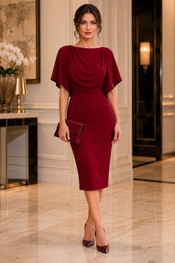Buy Elegant Cowl Neck Midi Dress for Women, Batwing Sleeve Cocktail Dress, Knee Length Sheath Dress, Wedding Guest Dress, Evening Party Dress Online in India