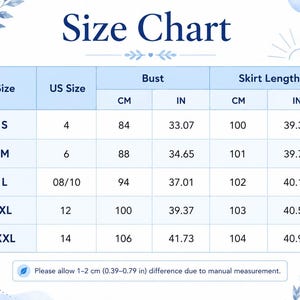 Puede incluir: Una tabla de tallas con encabezados y texto en azul. Las columnas incluyen talla, talla estadounidense, busto en cm y pulgadas, y largo de falda en cm y pulgadas. Las filas enumeran las tallas de S a XXL con medidas. Una nota menciona 1-2 cm.