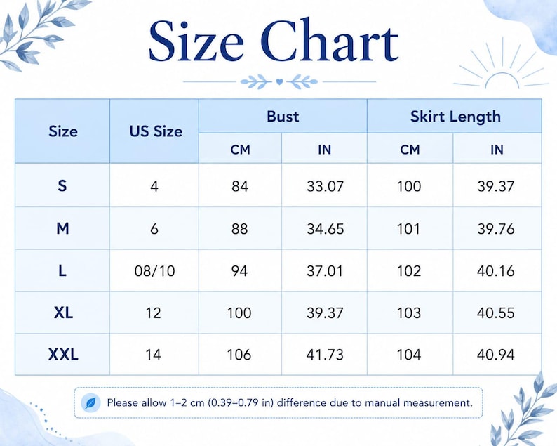 Puede incluir: Una tabla de tallas con encabezados y texto en azul. Las columnas incluyen talla, talla estadounidense, busto en cm y pulgadas, y largo de falda en cm y pulgadas. Las filas enumeran las tallas de S a XXL con medidas. Una nota menciona 1-2 cm.