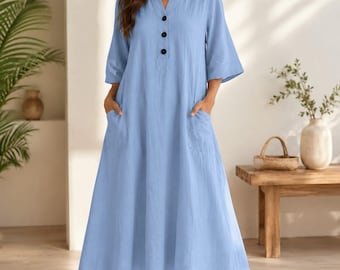Vestido midi de mujer con corte en A y bolsillos / Mezcla de algodón, cuello en V, botones, estilo bohemio informal de verano