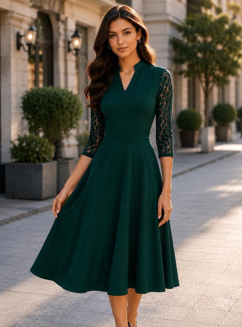 Puede incluir: Un vestido midi de color verde oscuro con escote en V, cuerpo entallado y mangas tres cuartos con detalles de encaje intrincados. La falda tiene una silueta acampanada que cae por debajo de las rodillas, creando un aspecto estructurado y elegante.