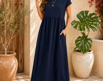 Robe longue bohème en coton et lin, robe d'été trapèze à manches courtes et poches
