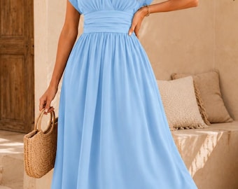 Robe midi trapèze à col en V et manches chauve-souris, taille plissée, style fluide, idéale pour l'été.