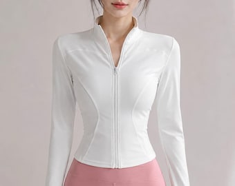 Veste de yoga slim fit à séchage rapide pour femme, manteau de running zippé à manches longues, tenue de sport décontractée