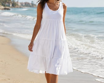 Vestido midi de algodón con volantes, vestido playero holgado de verano, vestido veraniego informal con escote redondo.