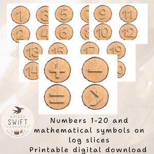 Może przedstawiać: Kolekcja grafik przedstawiających okrągłe plastry drewna z liczbami od 1 do 20 oraz symbolami matematycznymi, takimi jak plus, minus, równa się i większy niż. Tekst Little Swift Learners jest widoczny w okrągłym logo w lewym dolnym rogu.