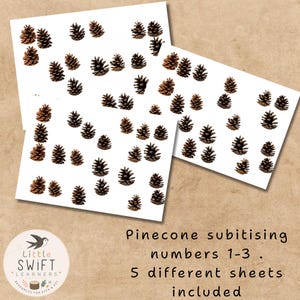 May include: Two white rectangular sheets featuring multiple brown pinecone illustrations arranged in small groups. The text on the image reads: Pinecone subitising numbers 1-3. 5 different sheets included. A circular logo with a bird and the text Little SWIFT LEARNERS is in the bottom left corner.