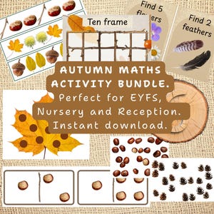 May include: An autumn-themed educational activity bundle featuring printed cards with illustrations of chestnuts, acorns, leaves, feathers, and pinecones. The set includes a ten-frame grid, counting cards, and matching games with text labels like Find 5 flowers.