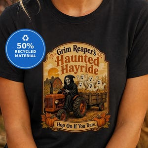 Grim Reaper's Haunted Hayride Shirt, Funny Halloween Fall Tee, Retro Pumpkin Patch Hayride Shirt, Cute Ghost Farm Tee, Eco Recycled Gift