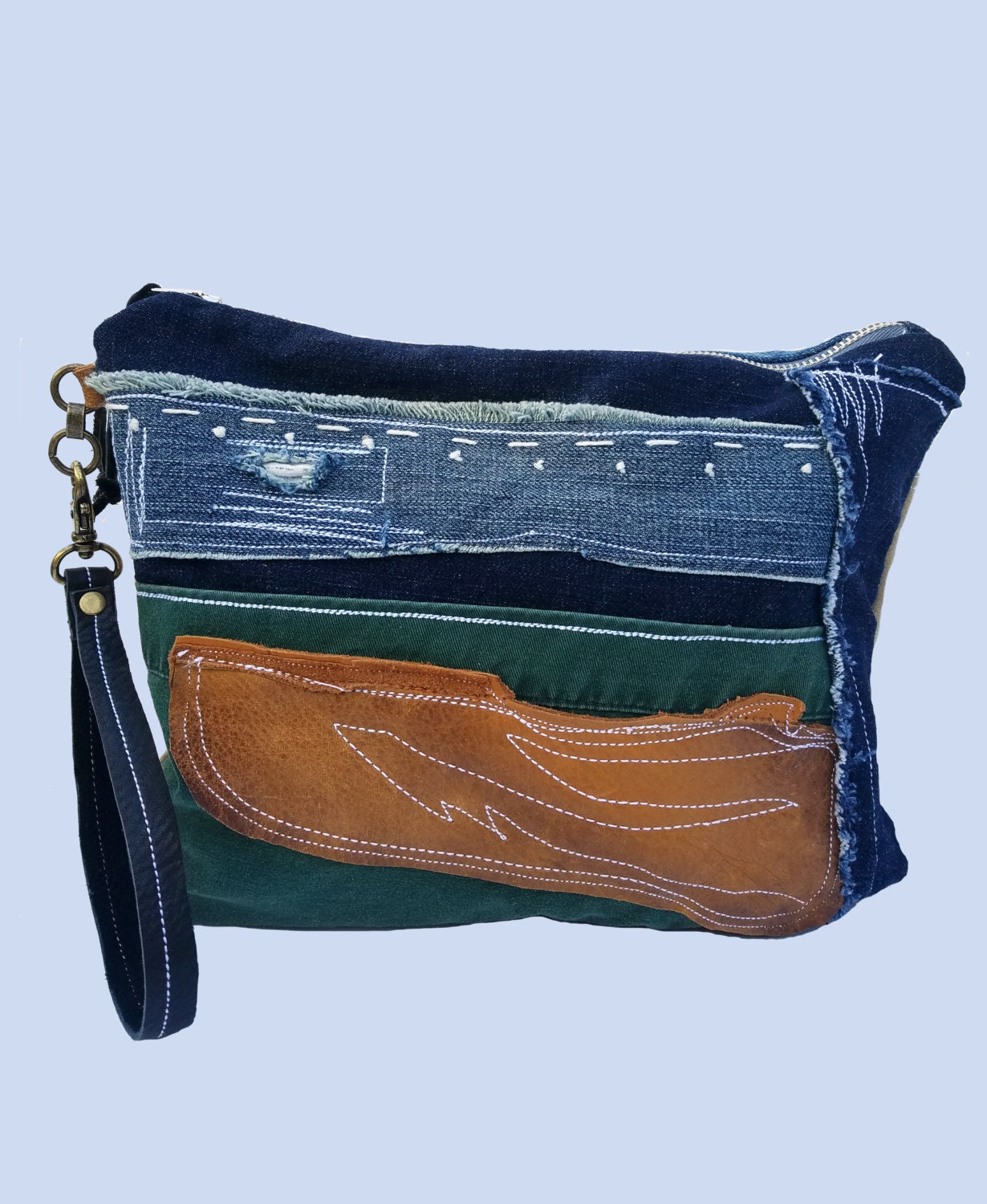 Denim Bag Clutch bag Leather Purse Denim Wristlet Clutch | Etsy