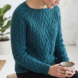 May include: A teal long-sleeved jumper featuring a prominent vertical cable knit pattern throughout the body and sleeves. The garment has a round neckline and ribbed cuffs, providing a textured appearance with a consistent deep blue-green colour.