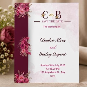 Sjabloon voor een Save the Date-uitnodiging met bordeauxrode bloemenprint, bewerkbaar lettertype (digitale download)