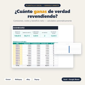 May include: A digital spreadsheet template for Excel and Google Sheets titled ¿Cuánto ganas de verdad revendiendo? featuring a dashboard with columns for total income, net profit, commissions, sales count, and stock value, plus a monthly breakdown.