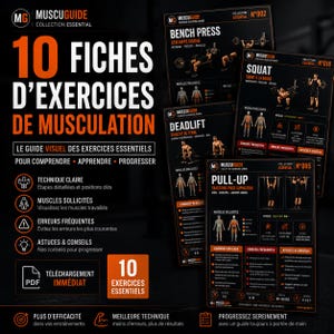 Peut inclure: Un ensemble de dix fiches d'exercices de musculation noires et orange intitulées Muscuguide Collection Essential. Les fiches présentent des schémas pour le développé couché, le squat, le soulevé de terre et les tractions avec anatomie.