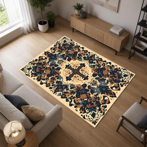 May include: A rectangular area rug featuring a cream-coloured background with a central dark cross motif surrounded by a dense, symmetrical pattern of dark blue and burnt orange floral and leaf shapes that extend toward the edges of the rug.