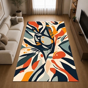 Mid Century Abstract Area Rug, Explosive Leaf Pattern Rug, Colorful Organic Shape Rug, Boho Aesthetic Living Room Carpet, Modern Home Decor