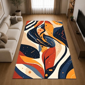 Mid Century Abstract Area Rug, Wavy Leaf Pattern Rug, Colorful Organic Shape Rug, Boho Aesthetic Living Room Carpet, Modern Home Decor