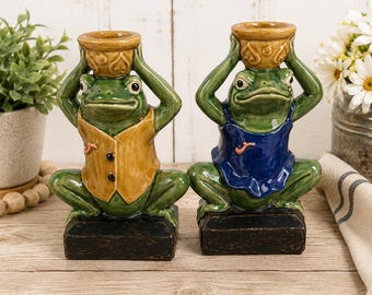 Vintage Ceramic Frog Candle Holder Pair