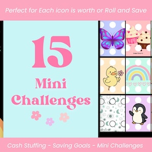 May include: A set of 15 mini challenge cards for cash stuffing and saving goals. The cards feature colourful illustrations including a butterfly, cupcakes, a frog, a duck, a rainbow, an owl, a penguin, and a cow, all set against a polka dot background.
