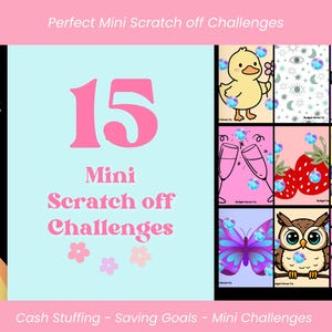 May include: A set of 15 mini scratch-off challenge cards featuring colourful illustrations of a duck, penguin, strawberries, owl, butterfly, and hearts. The cards include holographic scratch-off circles and text that reads 15 Mini Scratch off Challenges.