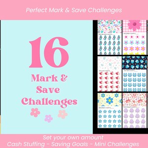 May include: A set of 16 Mark & Save Challenges for cash stuffing and saving goals. The graphic features a light blue background with pink text, stars, a heart, and a rainbow. Nine individual challenge sheets display repeating icons like mermaids, flowers, smiley faces, owls, strawberries, and octopuses.