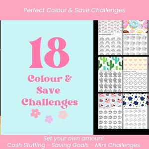 May include: A set of 18 printable money saving challenge sheets featuring colourful patterns of rainbows, donuts, strawberries, cacti, hearts, bows, coffee cups, blueberries, and checkered squares with blank spaces to fill in custom savings amounts.