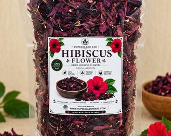 Può includere: Una busta di plastica trasparente riempita con fiori di ibisco essiccati rosso scuro. L'etichetta bianca riporta il testo TOPESELLER LTD, HIBISCUS FLOWER, 100% NATURAL, PREMIUM QUALITY, CAREFULLY SELECTED e WWW.TOPESELLERHERBS.COM, con grafiche.