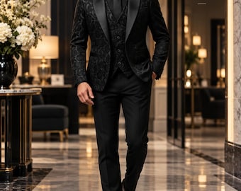 Black Paisley 3 Piece Tuxedo for Men, Peak Lapel Wedding Suit