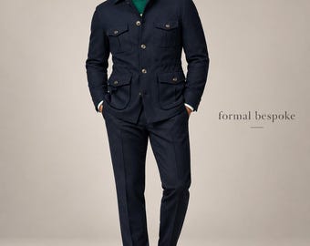 Marineblaue Safarijacke für Herren, taillierter Jagdmantel mit 4 Taschen, Utility-Stil