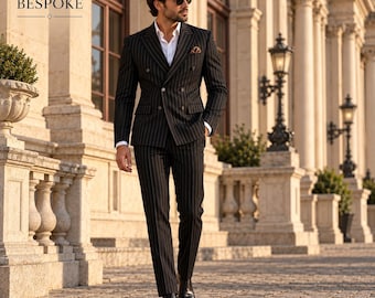 Traje de hombre negro a rayas finas / Traje de dos piezas cruzado de inspiración vintage
