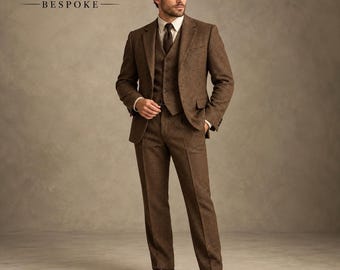 Brown Tweed 3 Piece Suit for Men, Vintage Wedding Suit, Classic Groom Suit, Retro Formal Suit, Custom Tailored Mens Suit