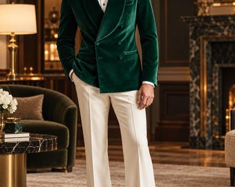 Smoking de veludo verde esmeralda para homem, blazer de abotoamento duplo com calças boca de sino cor marfim, estilo anos 70.