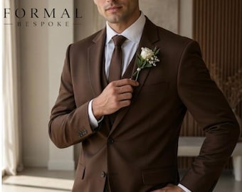 Traje de hombre marrón para boda, traje de novio de 3 piezas, traje de negocios ajustado, conjunto de esmoquin formal, atuendo para padrinos de boda, traje a medida.