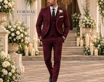 Abito da sposo da uomo color bordeaux, completo da sposo a tre pezzi con gilet, su misura.
