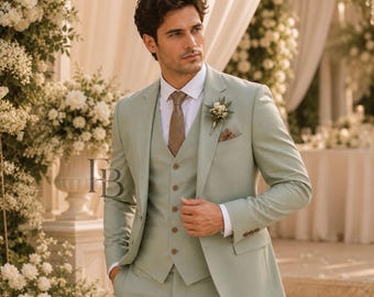 Salbeigrüner 3-teiliger Slim-Fit-Anzug für Herren, elegante Hochzeitsgarderobe