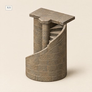 May include: A miniature stone spiral staircase model featuring a central pillar and a rectangular top platform. The structure is constructed from textured, brown-toned blocks with visible mortar lines. The Roman numeral XII is printed in a small box at the top left.