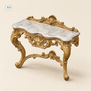 Puede incluir: Una mesa consola con tapa de mármol blanco con vetas grises y un marco dorado con tallas ornamentales, motivos de conchas y patas curvas. El texto XII es visible en la esquina superior izquierda del marco de la imagen.
