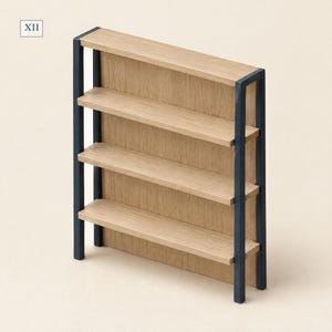 May include: A miniature wall-mounted shelving unit featuring four light brown wooden shelves and a solid wooden back panel, supported by two dark blue vertical metal frames. The Roman numeral XII is printed in a small square in the top corner.