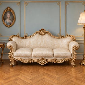 Rococo Dollhouse Sofa STL – 1/12 1/24 Miniature Couch, Broad Three Seat, Padded Arms, Cushion Bed 3D Print (Digital Download)