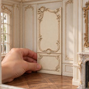 Puede incluir: Un panel de pared en miniatura de color blanco roto para casa de muñecas, con intrincadas molduras en relieve con motivos de conchas y volutas. El panel rectangular está diseñado para instalarse contra una pared, con un acabado crema.