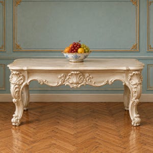 May include: A rectangular off-white coffee table with ornate carved legs and apron featuring shell motifs. A white ceramic bowl with blue floral patterns sits on the table, filled with a cluster of red grapes, green grapes, and yellow citrus.