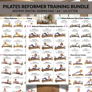 May include: A Pilates reformer training bundle featuring multiple digital charts with illustrations of exercises for abs, core, hips, glutes, arms, shoulders, and back. The text includes titles like Pilates Reformer Training and Instant Digital Download.