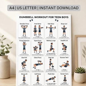 May include: A white poster titled DUMBBELL WORKOUT FOR TEEN BOYS featuring sixteen illustrated exercise panels with instructions for movements like shoulder press, bicep curl, and squat press, including rep counts and A4 US LETTER INSTANT DOWNLOAD text.