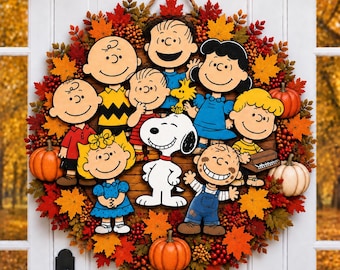 Fall Family Door Hanger, Personalized Autumn Wreath Sign, Peanuts Inspired Halloween Thanksgiving Decor, Custom Front Door Decoration