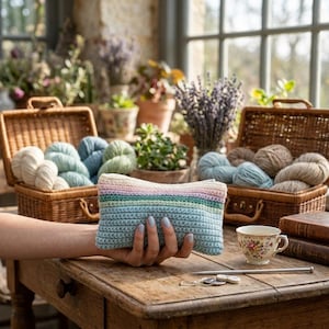 Peut inclure: Une pochette rectangulaire au crochet avec des rayures horizontales dans des tons bleu clair, vert et rose pâle. La pochette présente un motif de points texturés et est tenue devant deux paniers en osier remplis de pelotes et une tasse à thé.